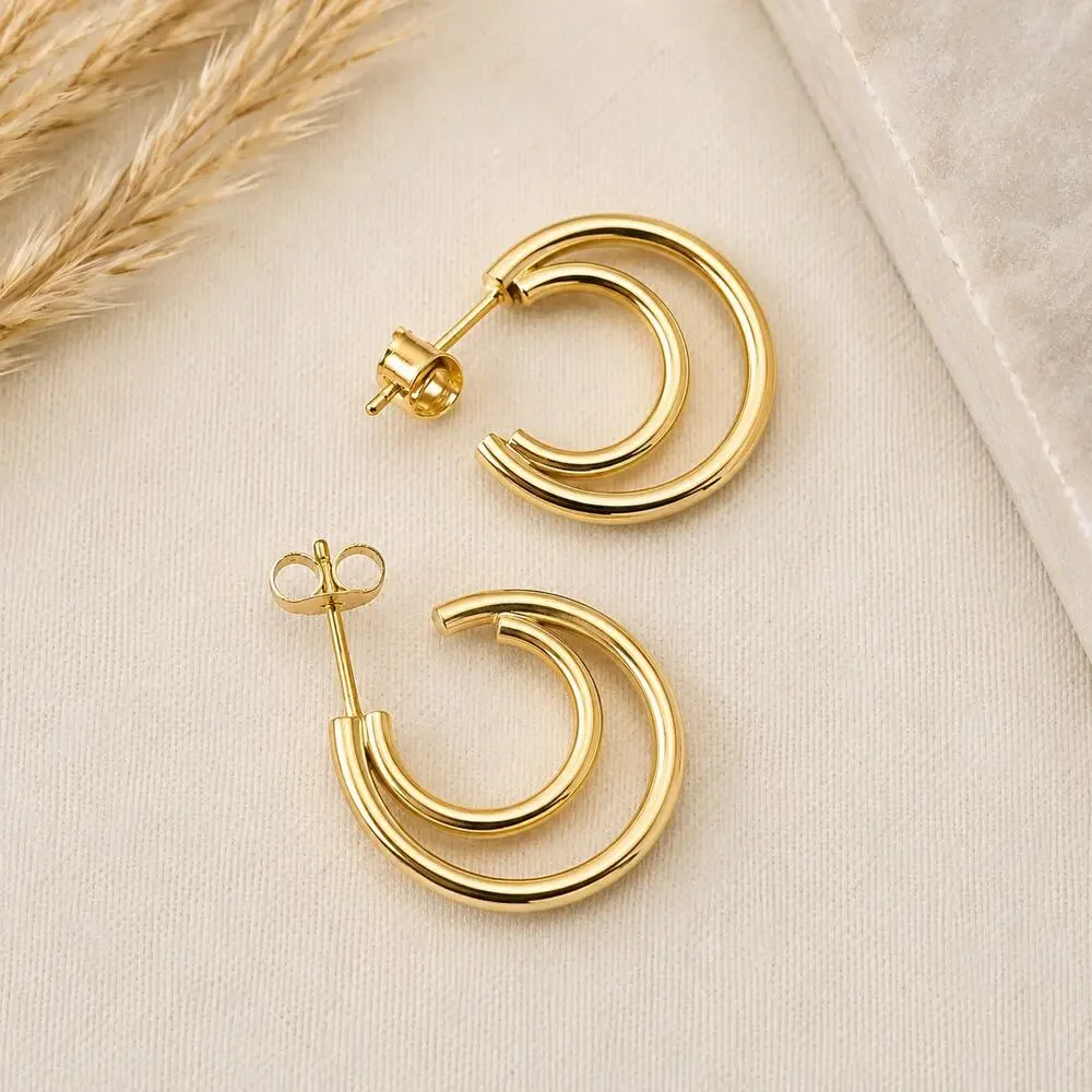 2 Pair vntg Hoop Earrings Lot Gold Tone Double Hoops & Bronze Twisted Rope Hoops